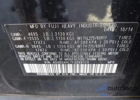 2015 Subaru Outback 2.5I Premium z USA, uszkodzony, nr VIN 4S4BSAHC7F3248174